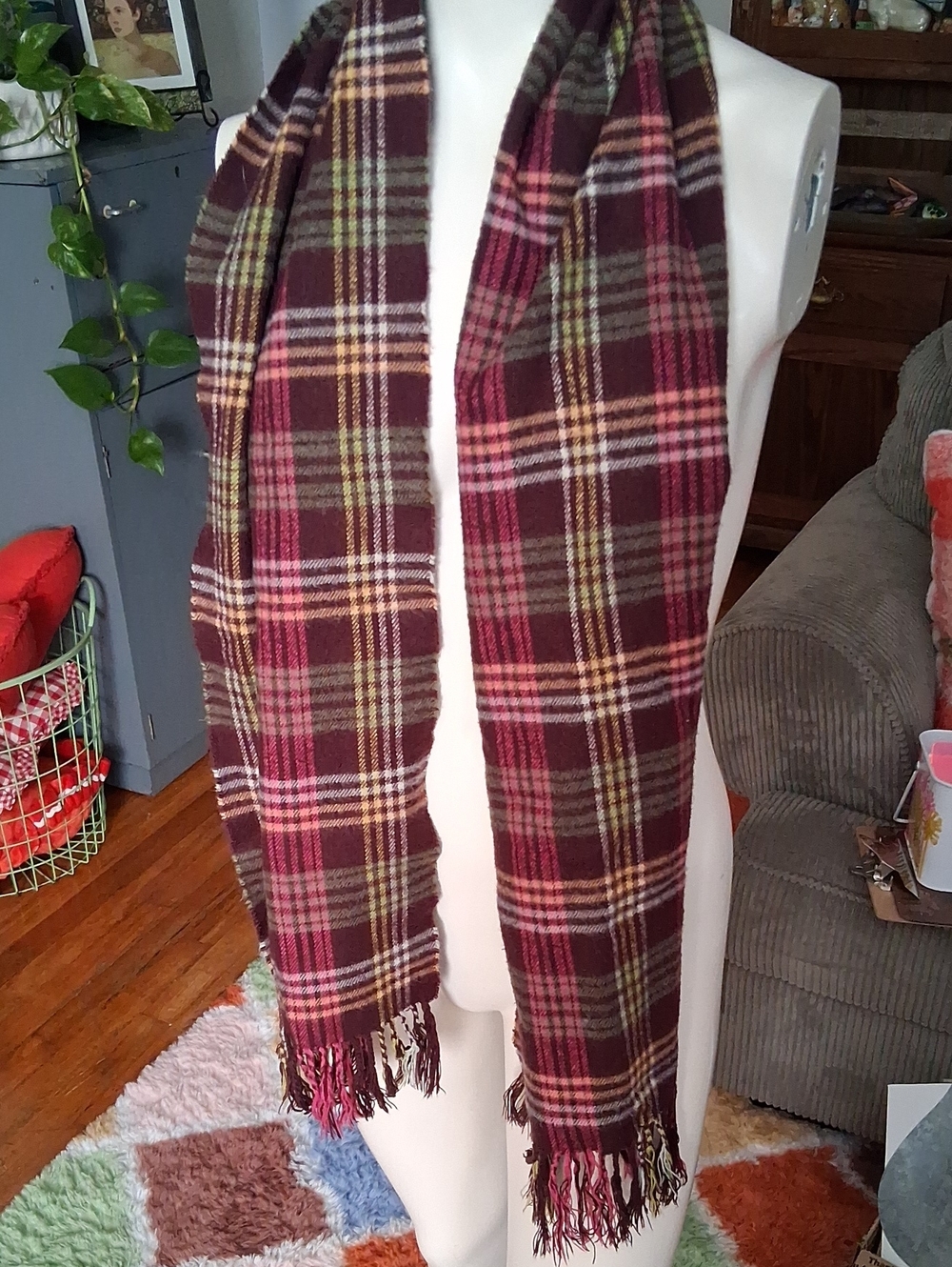 Plaid Burgundy Wool-Blend Scarf - Men Accessories